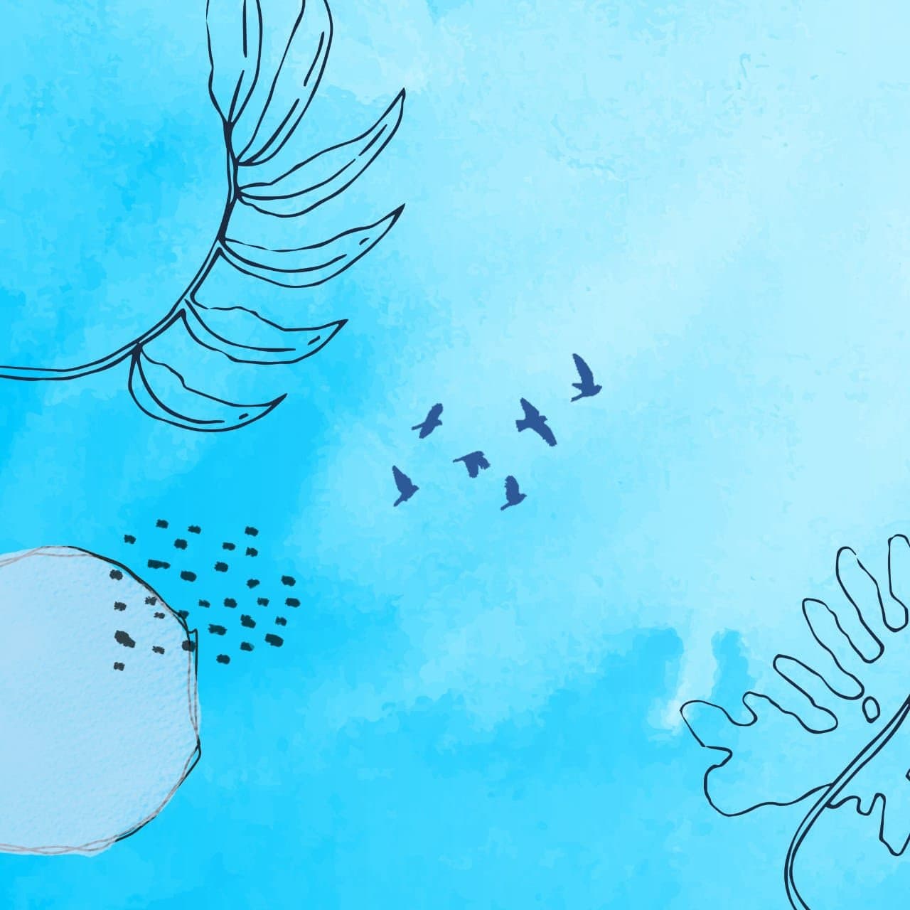 Watercolor blue backdrop with tropical leaf line art and bird silhouettes