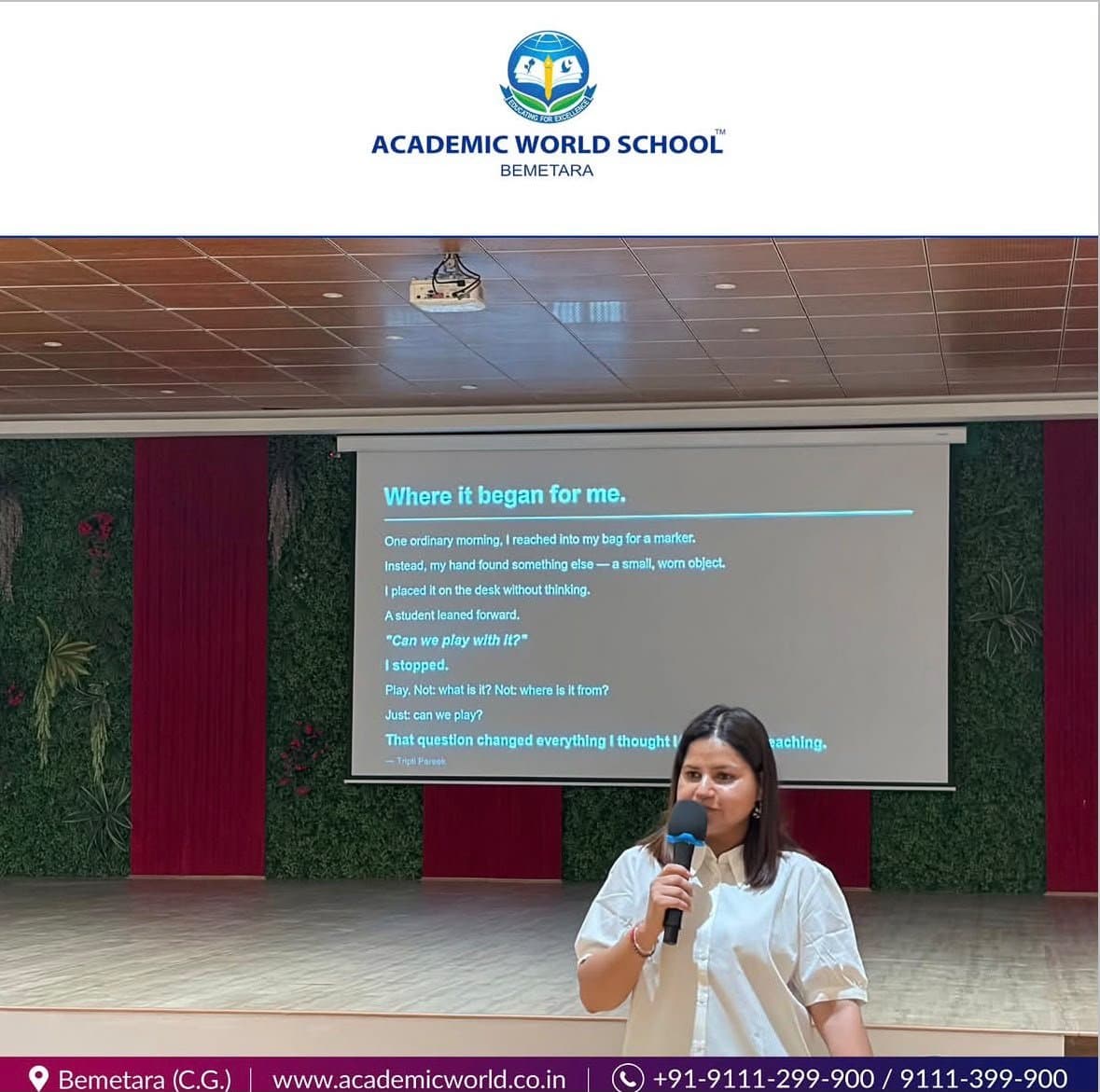 Tripti Pareek presenting on stage at Academic World School Bemetara