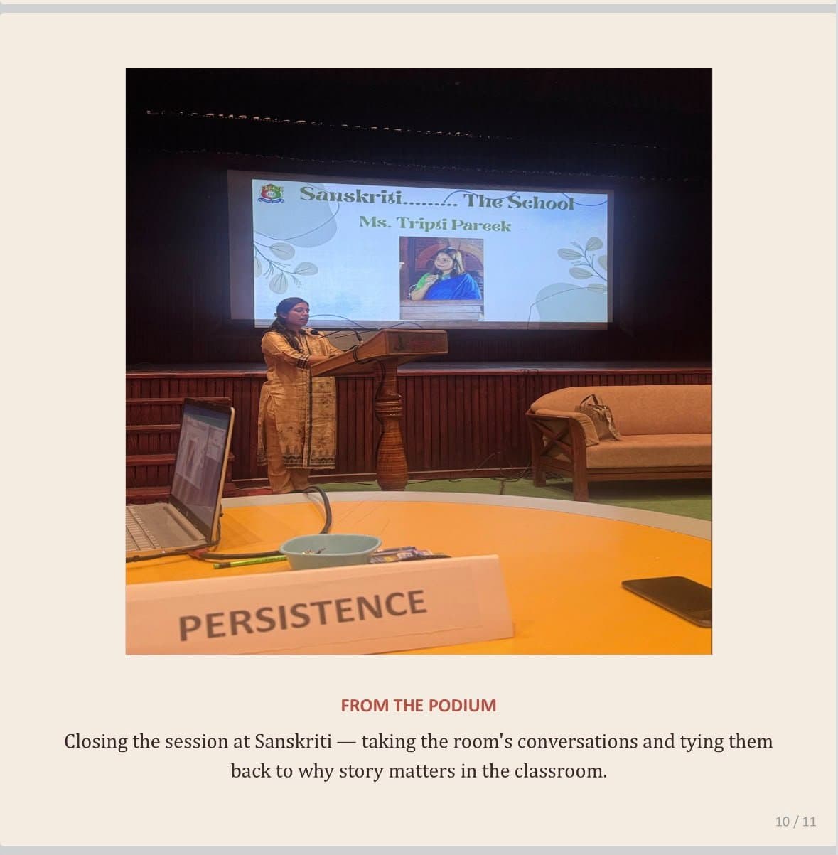 Tripti Pareek closing the session from the podium at Sanskriti The School