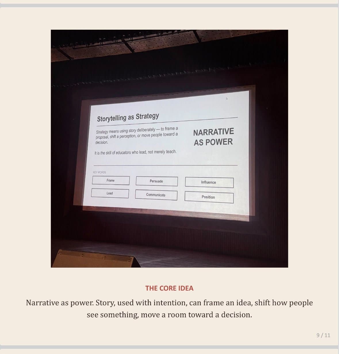Presentation slide on Storytelling as Strategy — Narrative as Power