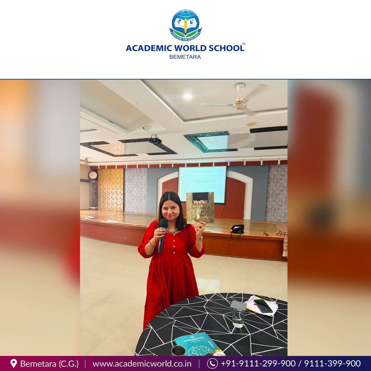 Storytelling session with picture book and microphone at Academic World School