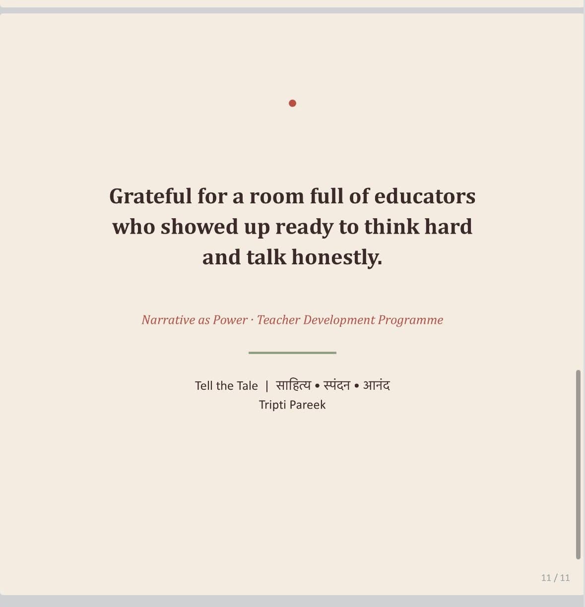 Closing slide thanking educators from the Narrative as Power teacher development programme
