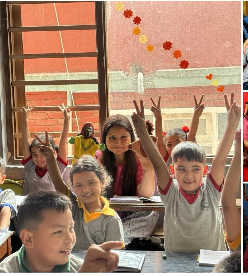 Joyful classroom storytelling with puppet and peace signs